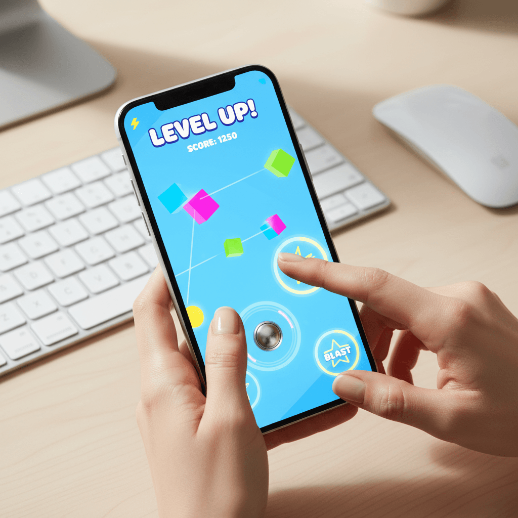 Finger tapping an interactive playable ad demo on a smartphone