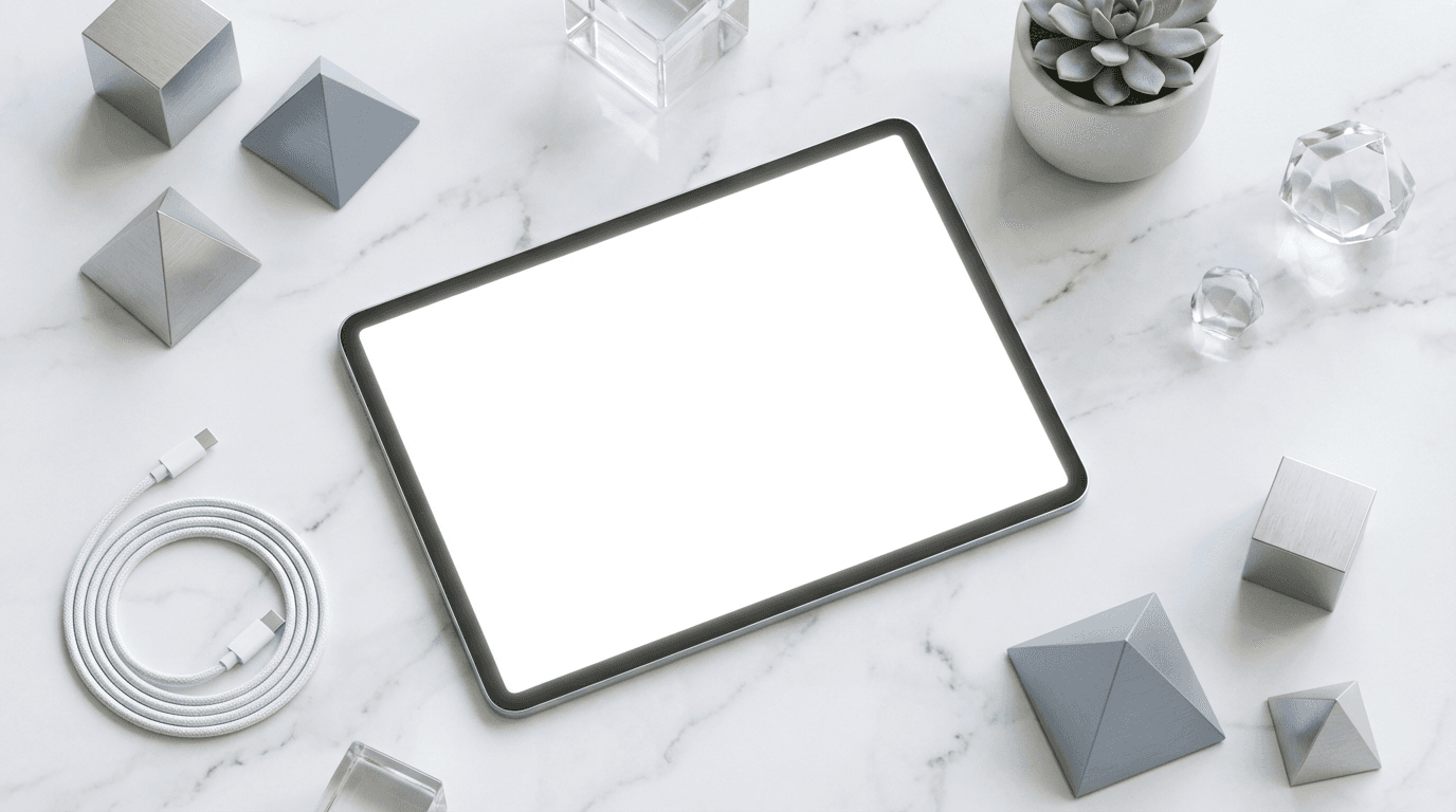 Minimalist abstract composition of layered navy geometric shapes on a cool gray background